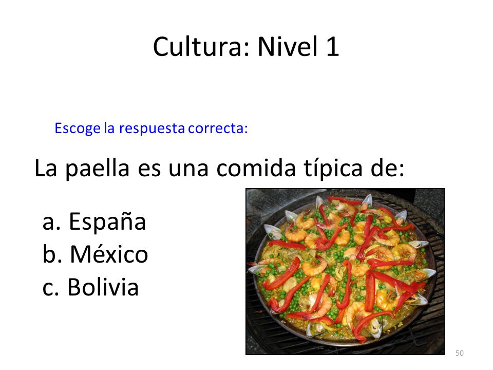 Cultura: Nivel 1 La paella es una comida típica de: a. España