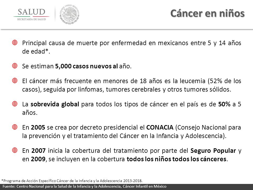 Cáncer en niños Principal causa de muerte por enfermedad en mexicanos entre 5 y 14 años de edad*. Se estiman 5,000 casos nuevos al año.