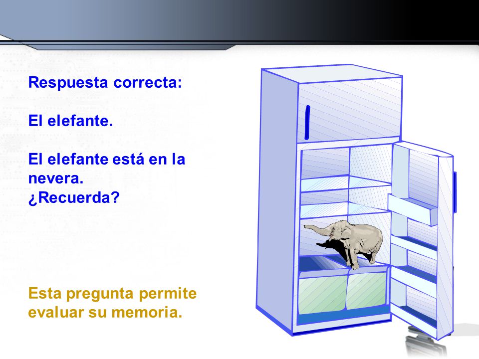 Respuesta correcta: El elefante. El elefante está en la nevera.
