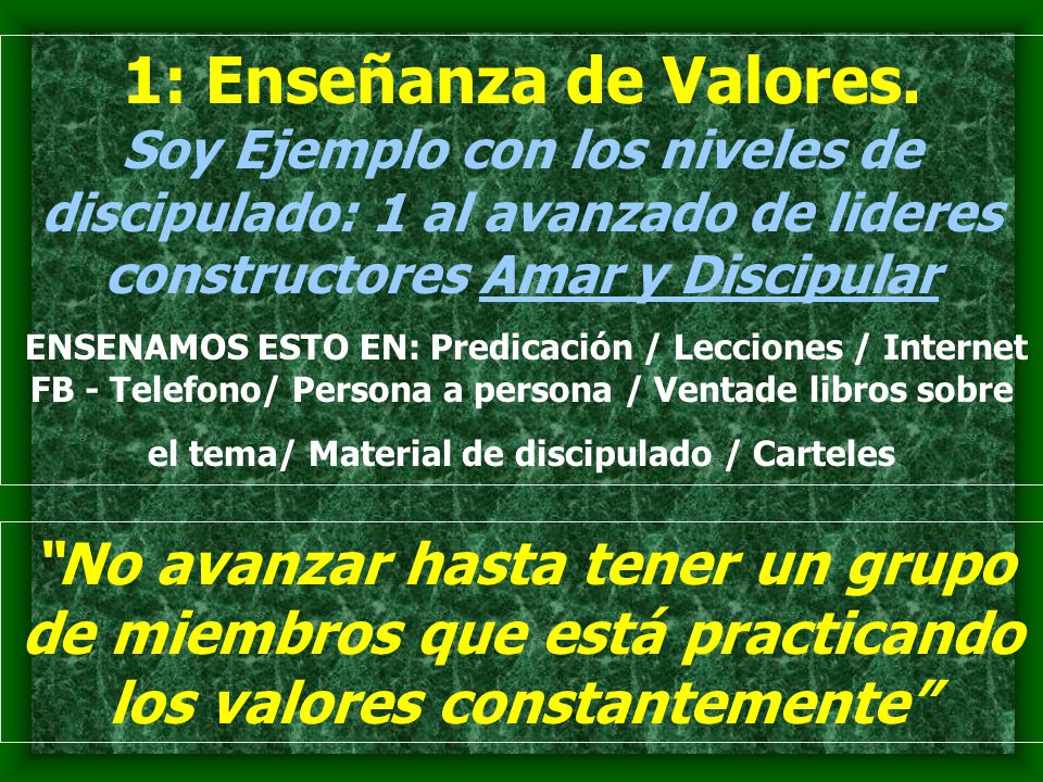 1: Enseñanza de Valores. Soy Ejemplo con los niveles de discipulado: 1 al avanzado de lideres constructores Amar y Discipular