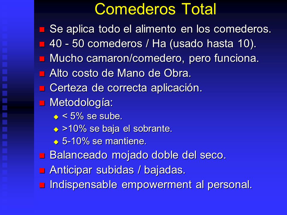 Comederos Total Se aplica todo el alimento en los comederos.