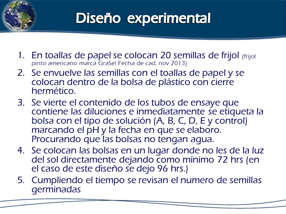 Diseño experimental En toallas de papel se colocan 20 semillas de frijol (frijol pinto americano marca GraSel Fecha de cad. nov 2013)