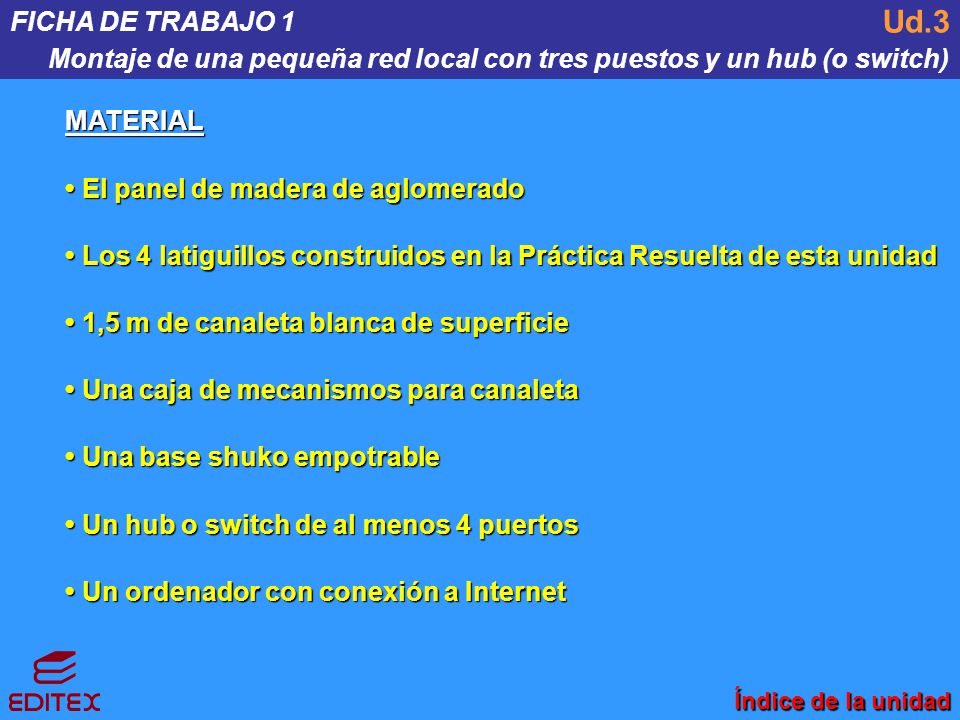 FICHA DE TRABAJO 1 Montaje de una pequeña red local con tres puestos y un hub (o switch) Ud.3. MATERIAL.