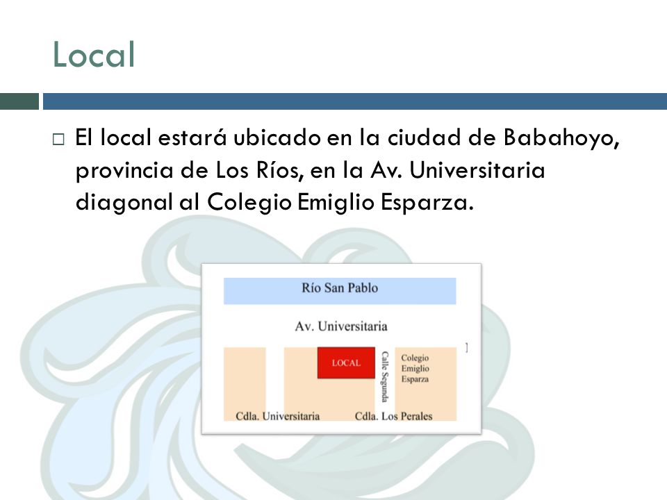 Local El local estará ubicado en la ciudad de Babahoyo, provincia de Los Ríos, en la Av.
