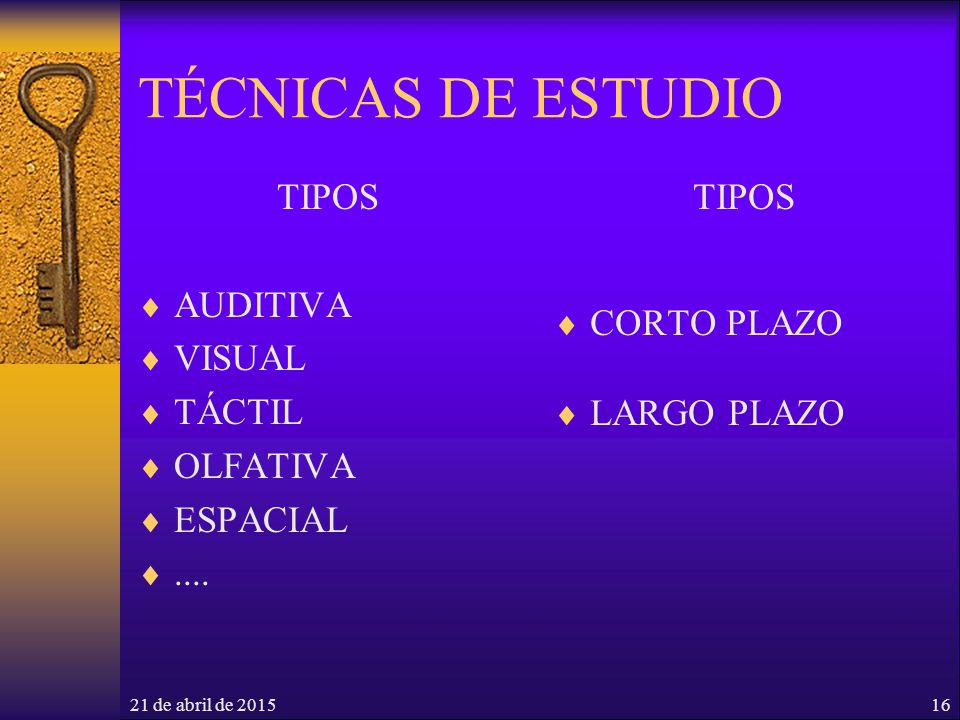 TÉCNICAS DE ESTUDIO TIPOS AUDITIVA VISUAL TÁCTIL OLFATIVA ESPACIAL