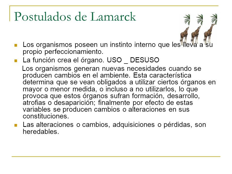 Postulados de Lamarck Los organismos poseen un instinto interno que les lleva a su propio perfeccionamiento.