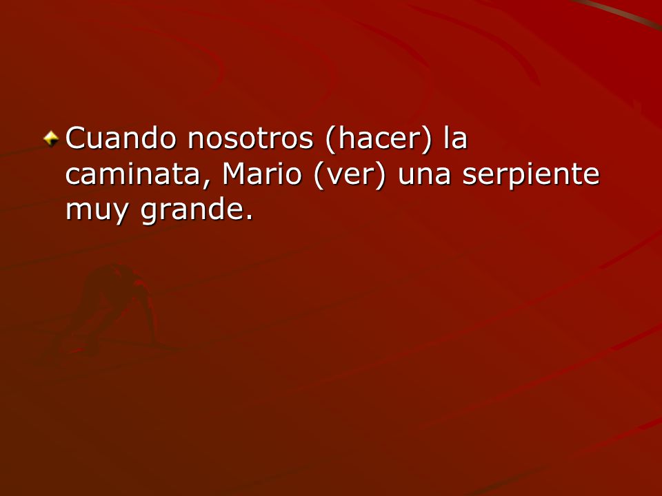 Cuando nosotros (hacer) la caminata, Mario (ver) una serpiente muy grande.