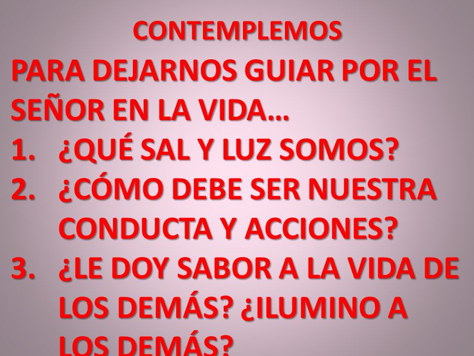 PARA DEJARNOS GUIAR POR EL SEÑOR EN LA VIDA… ¿QUÉ SAL Y LUZ SOMOS
