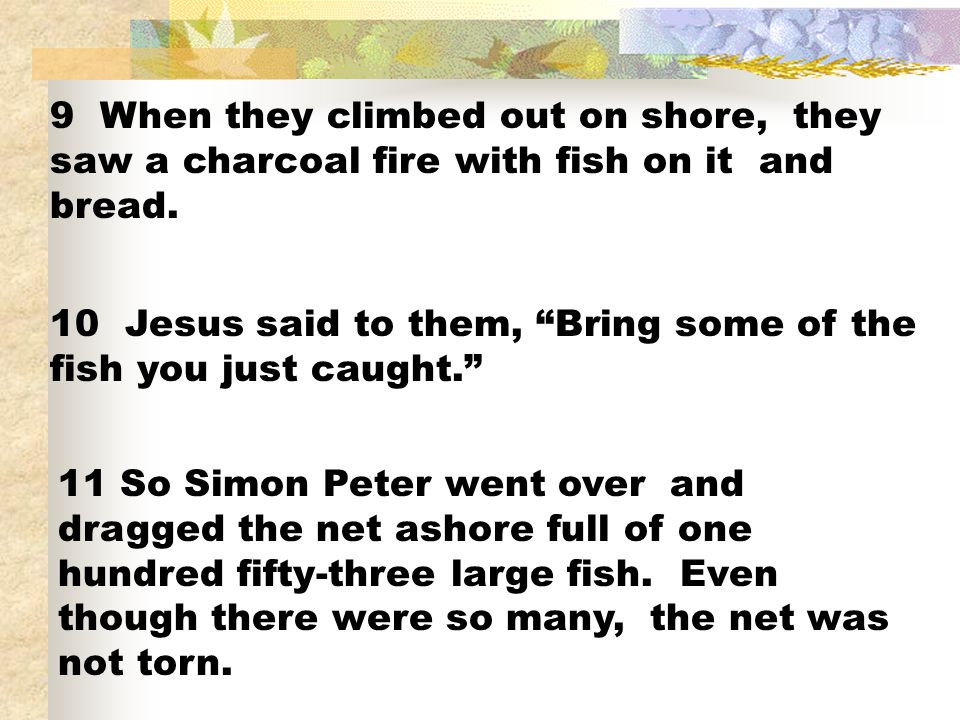 9 When they climbed out on shore, they saw a charcoal fire with fish on it and bread.