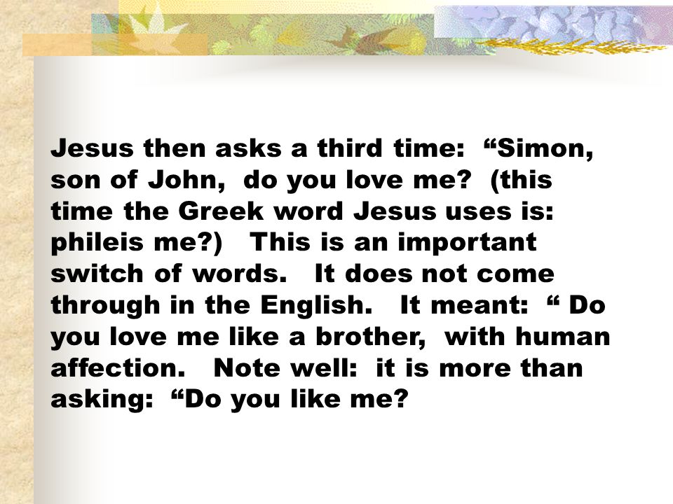 Jesus then asks a third time: Simon, son of John, do you love me