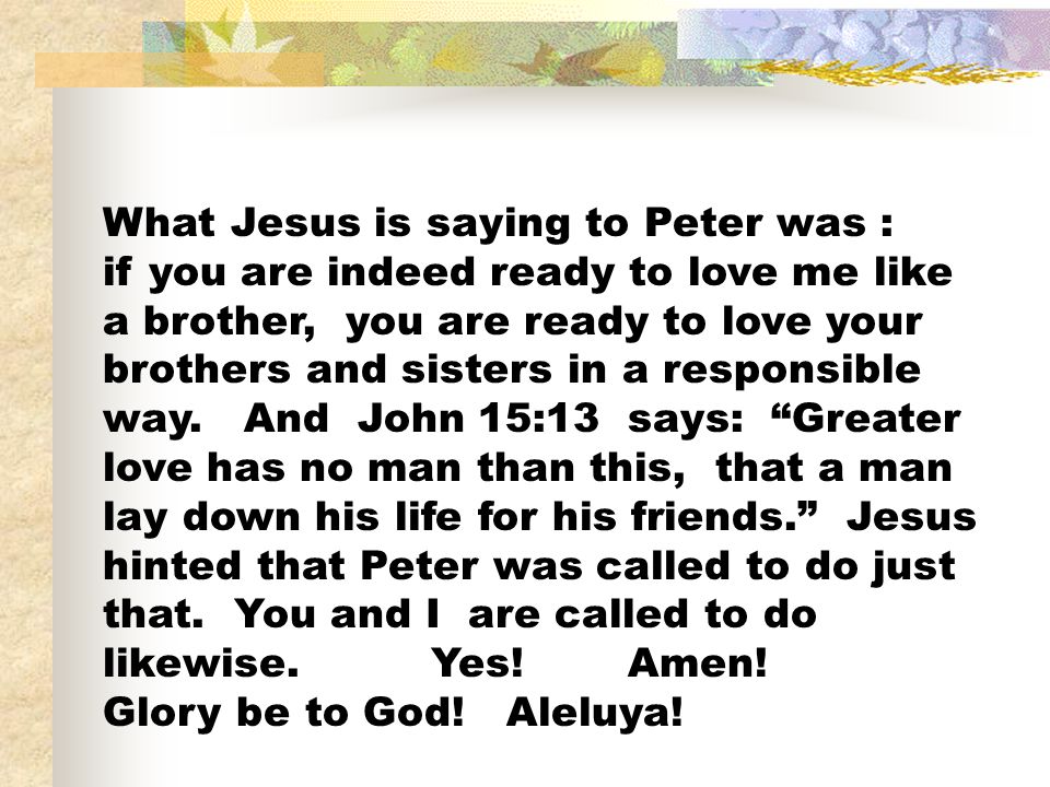 What Jesus is saying to Peter was : if you are indeed ready to love me like a brother, you are ready to love your brothers and sisters in a responsible way.