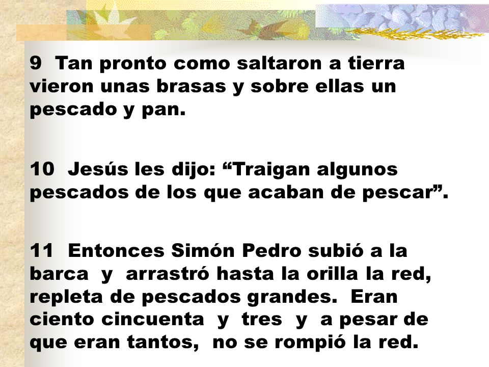 9 Tan pronto como saltaron a tierra vieron unas brasas y sobre ellas un pescado y pan.