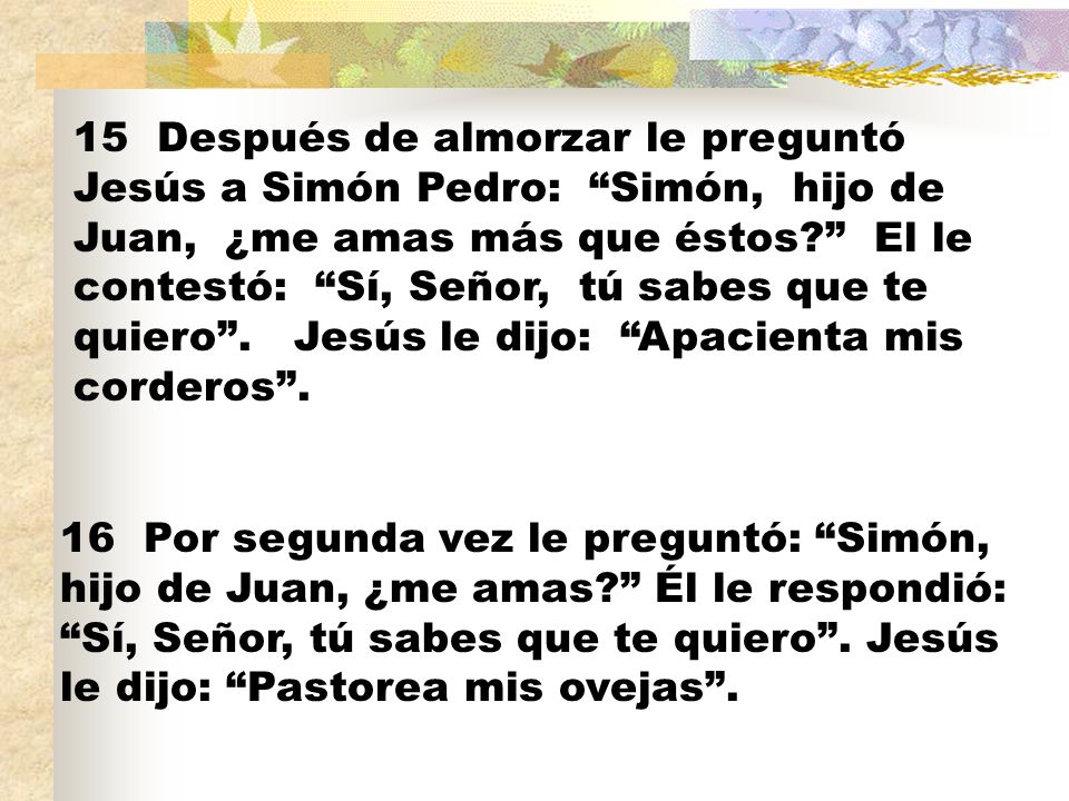 15 Después de almorzar le preguntó Jesús a Simón Pedro: Simón, hijo de Juan, ¿me amas más que éstos El le contestó: Sí, Señor, tú sabes que te quiero . Jesús le dijo: Apacienta mis corderos .
