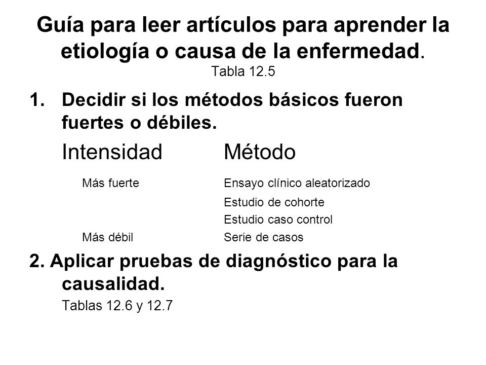 Guía para leer artículos para aprender la etiología o causa de la enfermedad. Tabla 12.5