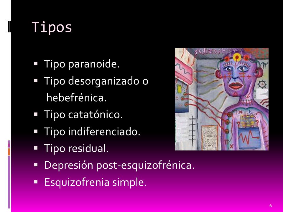 Tipos Tipo paranoide. Tipo desorganizado o hebefrénica.