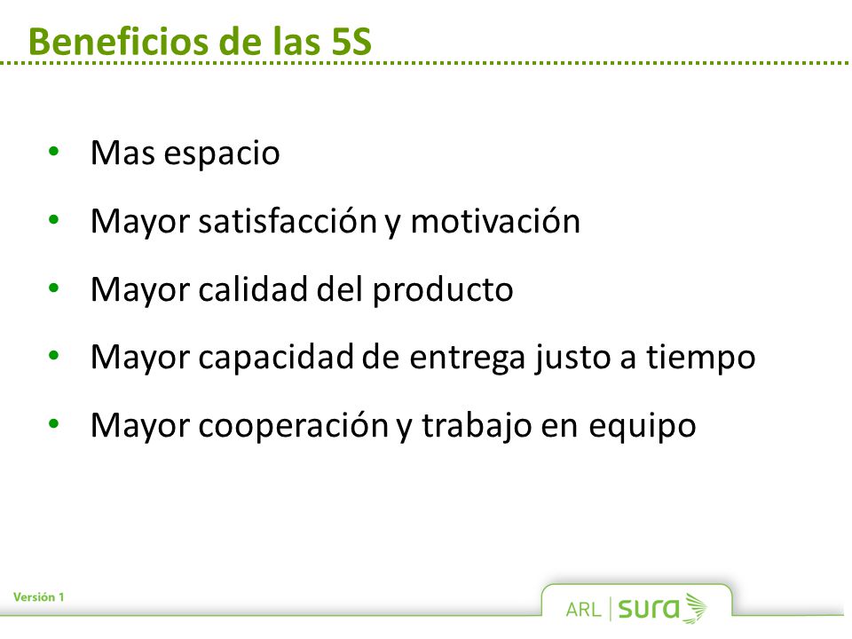 Beneficios de las 5S Mas espacio Mayor satisfacción y motivación