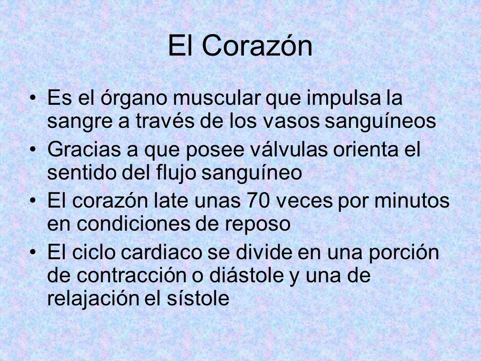 El Corazón Es el órgano muscular que impulsa la sangre a través de los vasos sanguíneos.