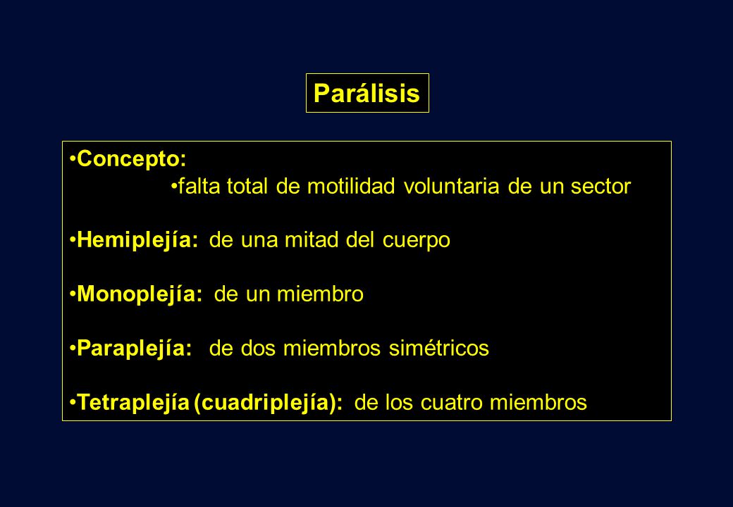 Parálisis Concepto: falta total de motilidad voluntaria de un sector