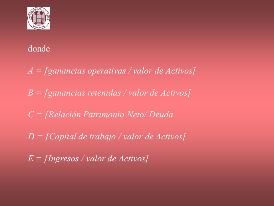 donde A = [ganancias operativas / valor de Activos] B = [ganancias retenidas / valor de Activos] C = [Relación Patrimonio Neto/ Deuda.