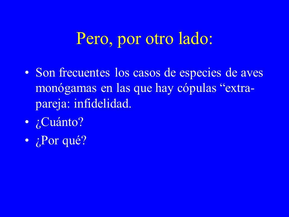 Pero, por otro lado: Son frecuentes los casos de especies de aves monógamas en las que hay cópulas extra-pareja: infidelidad.