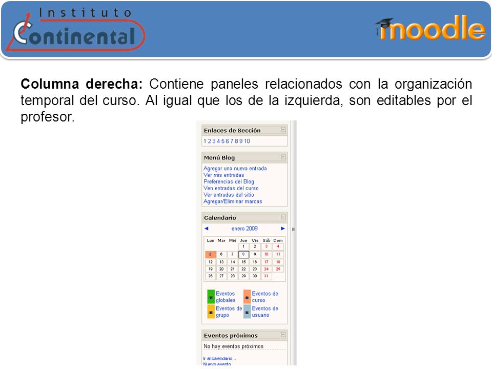 Columna derecha: Contiene paneles relacionados con la organización temporal del curso.
