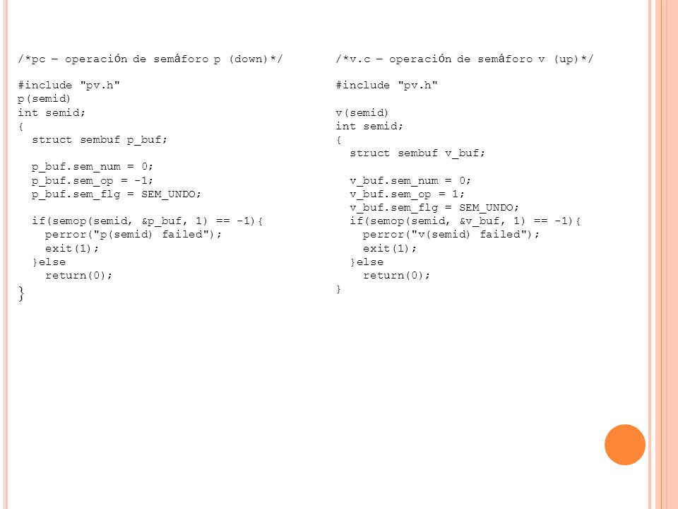 } /*pc – operación de semáforo p (down)*/ #include pv.h p(semid)