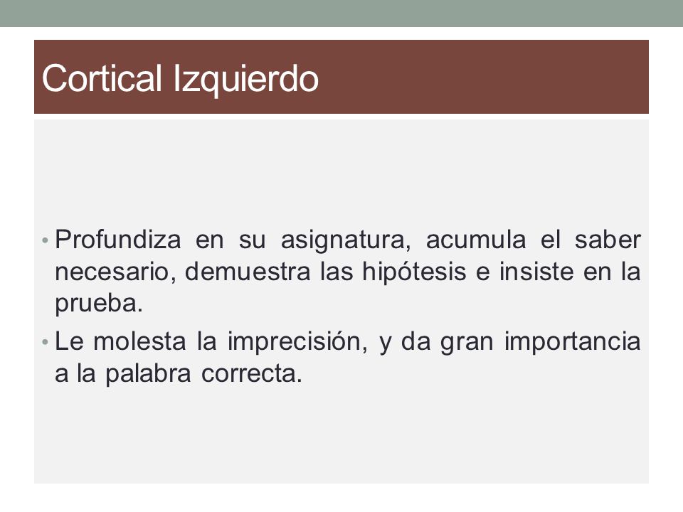 Cortical Izquierdo Profundiza en su asignatura, acumula el saber necesario, demuestra las hipótesis e insiste en la prueba.