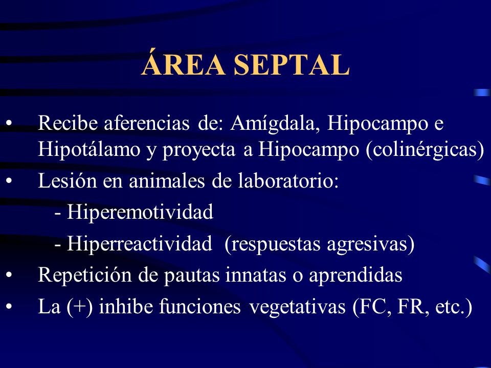 ÁREA SEPTAL Recibe aferencias de: Amígdala, Hipocampo e Hipotálamo y proyecta a Hipocampo (colinérgicas)