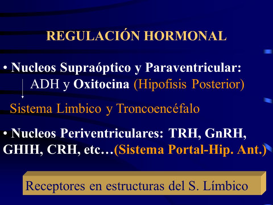 REGULACIÓN HORMONAL Nucleos Supraóptico y Paraventricular: ADH y Oxitocina (Hipofisis Posterior) Sistema Limbico y Troncoencéfalo.