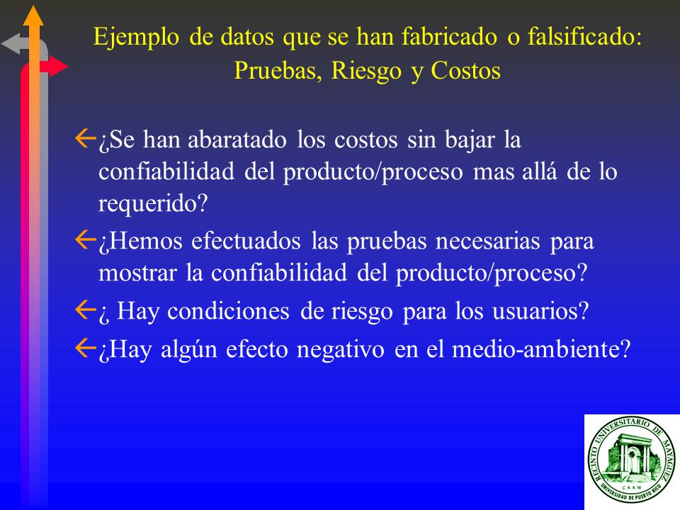 Ejemplo de datos que se han fabricado o falsificado: Pruebas, Riesgo y Costos