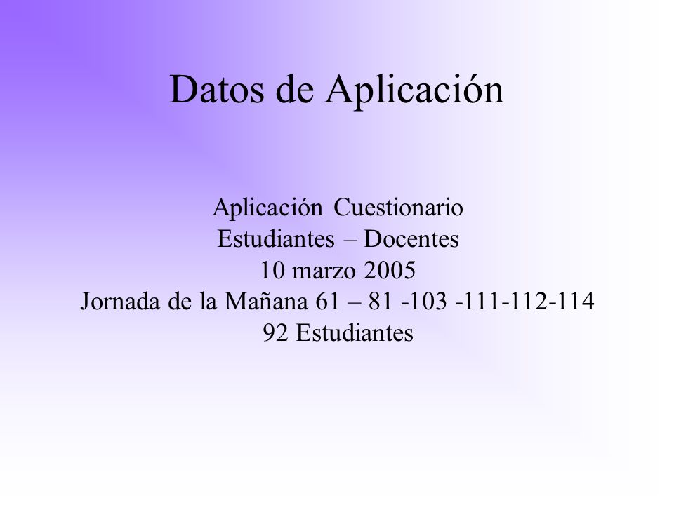 Datos de Aplicación Aplicación Cuestionario Estudiantes – Docentes 10 marzo 2005 Jornada de la Mañana 61 – Estudiantes.