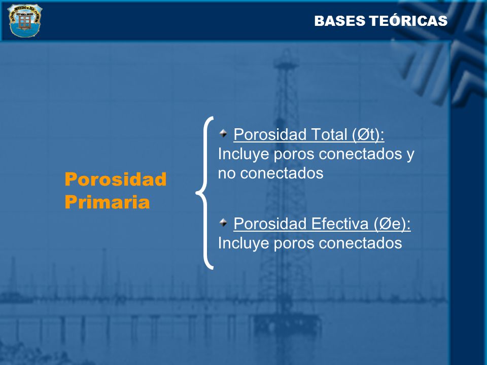 BASES TEÓRICAS Porosidad Total (Øt): Incluye poros conectados y no conectados. Porosidad Primaria.