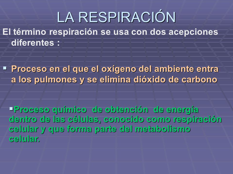 LA RESPIRACIÓN El término respiración se usa con dos acepciones diferentes :