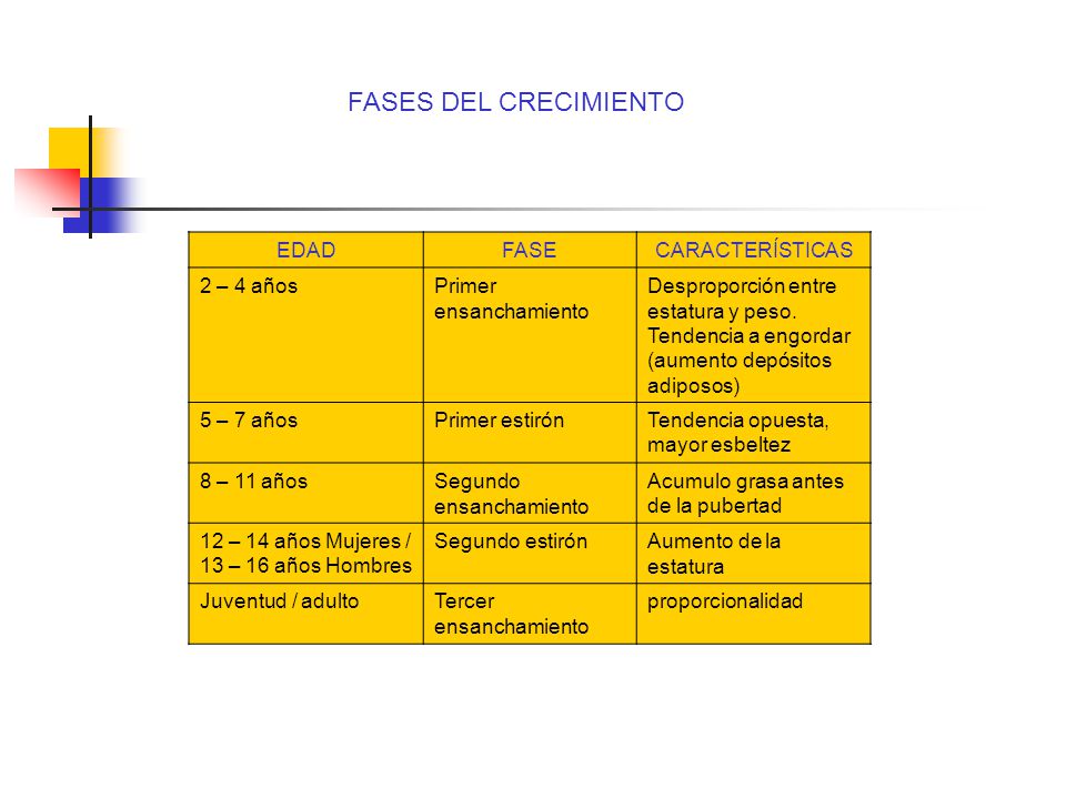 FASES DEL CRECIMIENTO EDAD FASE CARACTERÍSTICAS 2 – 4 años