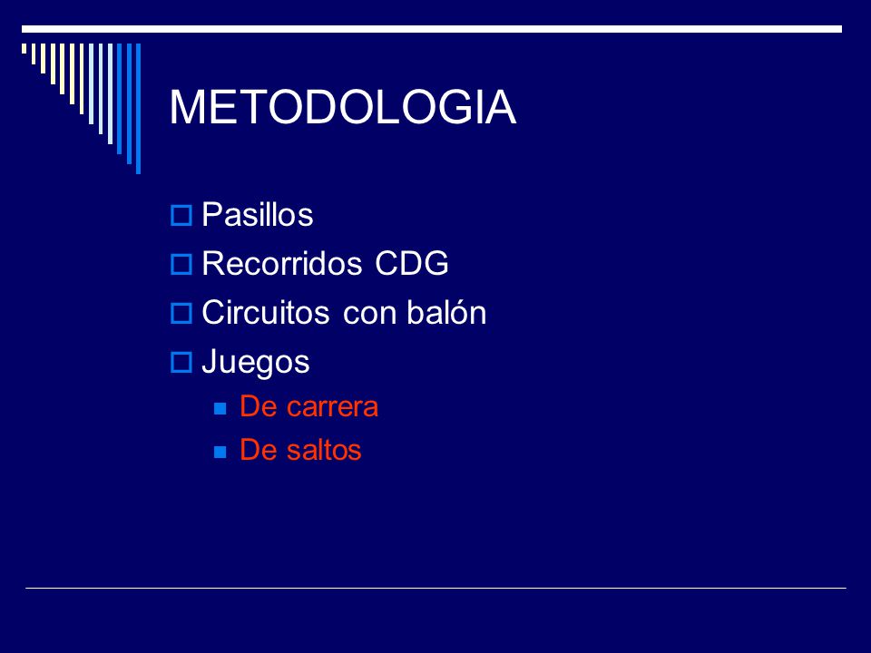 METODOLOGIA Pasillos Recorridos CDG Circuitos con balón Juegos