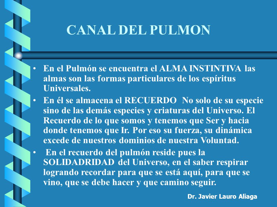 CANAL DEL PULMON En el Pulmón se encuentra el ALMA INSTINTIVA las almas son las formas particulares de los espíritus Universales.