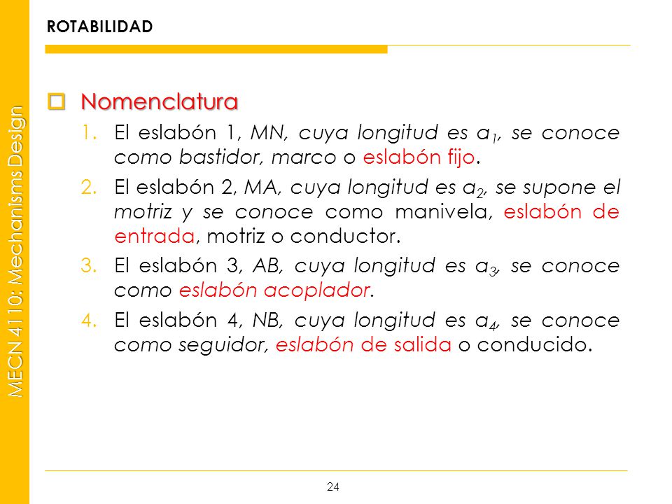 ROTABILIDAD Nomenclatura. El eslabón 1, MN, cuya longitud es a1, se conoce como bastidor, marco o eslabón fijo.