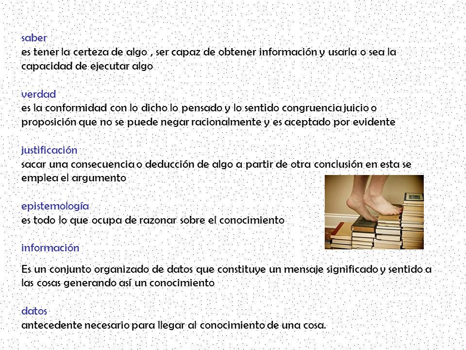 saber es tener la certeza de algo , ser capaz de obtener información y usarla o sea la capacidad de ejecutar algo verdad es la conformidad con lo dicho lo pensado y lo sentido congruencia juicio o proposición que no se puede negar racionalmente y es aceptado por evidente justificación sacar una consecuencia o deducción de algo a partir de otra conclusión en esta se emplea el argumento epistemología es todo lo que ocupa de razonar sobre el conocimiento información