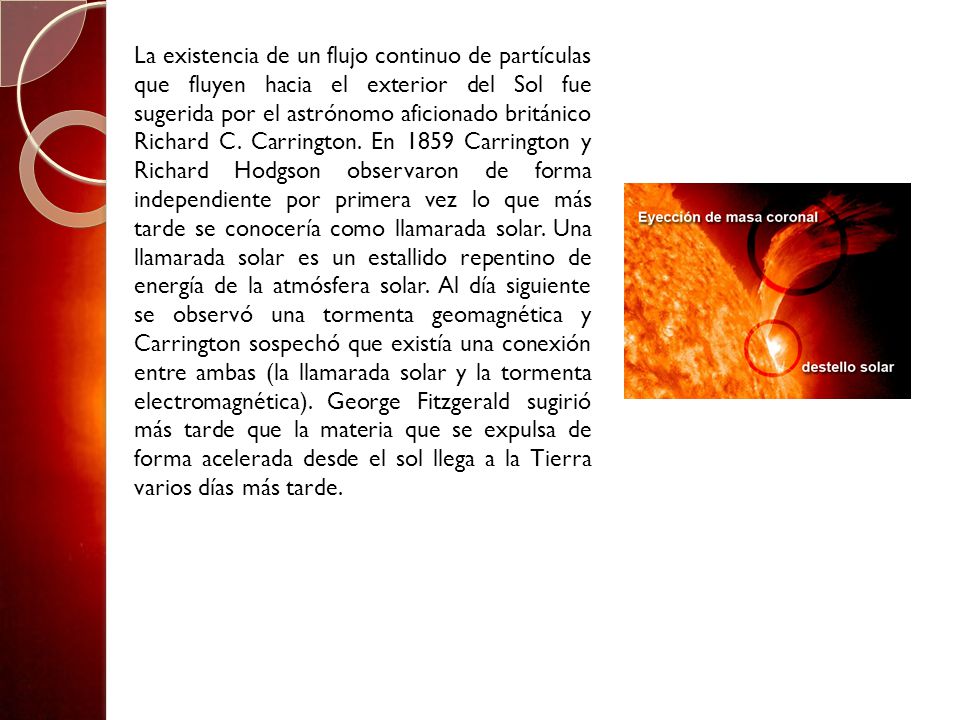 La existencia de un flujo continuo de partículas que fluyen hacia el exterior del Sol fue sugerida por el astrónomo aficionado británico Richard C.