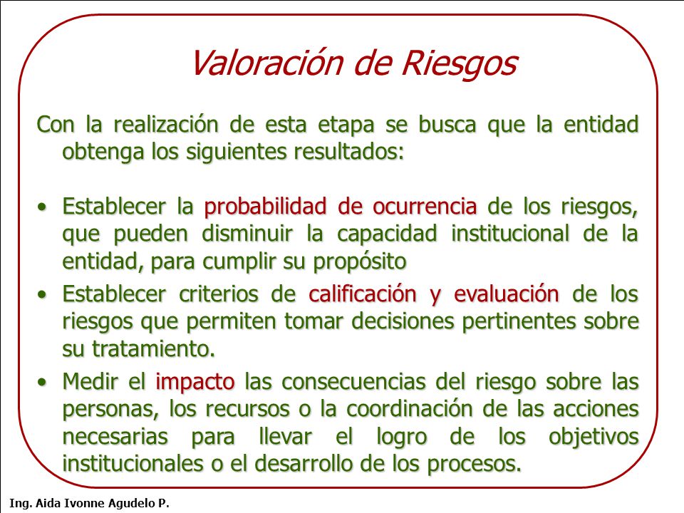 Valoración de Riesgos Con la realización de esta etapa se busca que la entidad obtenga los siguientes resultados: