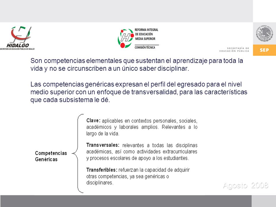 Son competencias elementales que sustentan el aprendizaje para toda la vida y no se circunscriben a un único saber disciplinar. Las competencias genéricas expresan el perfil del egresado para el nivel medio superior con un enfoque de transversalidad, para las características que cada subsistema le dé.