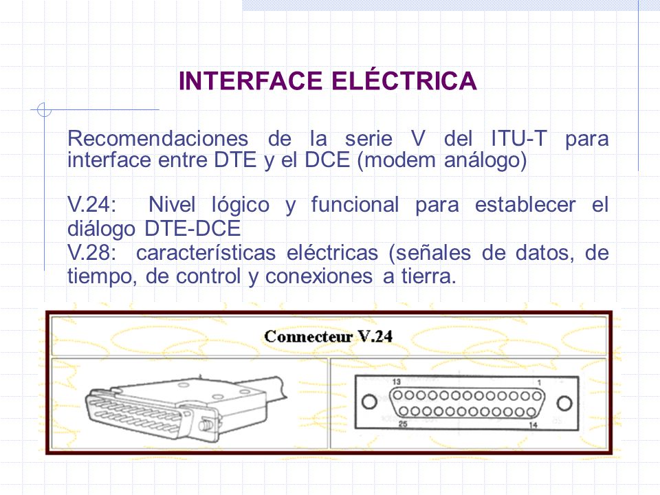 INTERFACE ELÉCTRICA Recomendaciones de la serie V del ITU-T para interface entre DTE y el DCE (modem análogo)