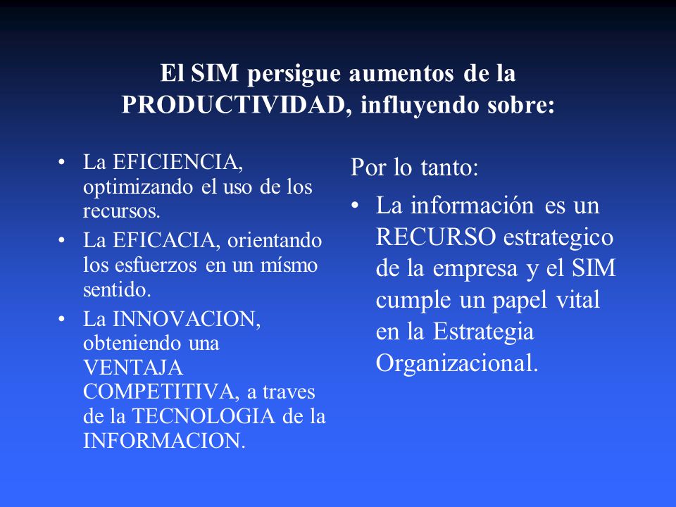 El SIM persigue aumentos de la PRODUCTIVIDAD, influyendo sobre: