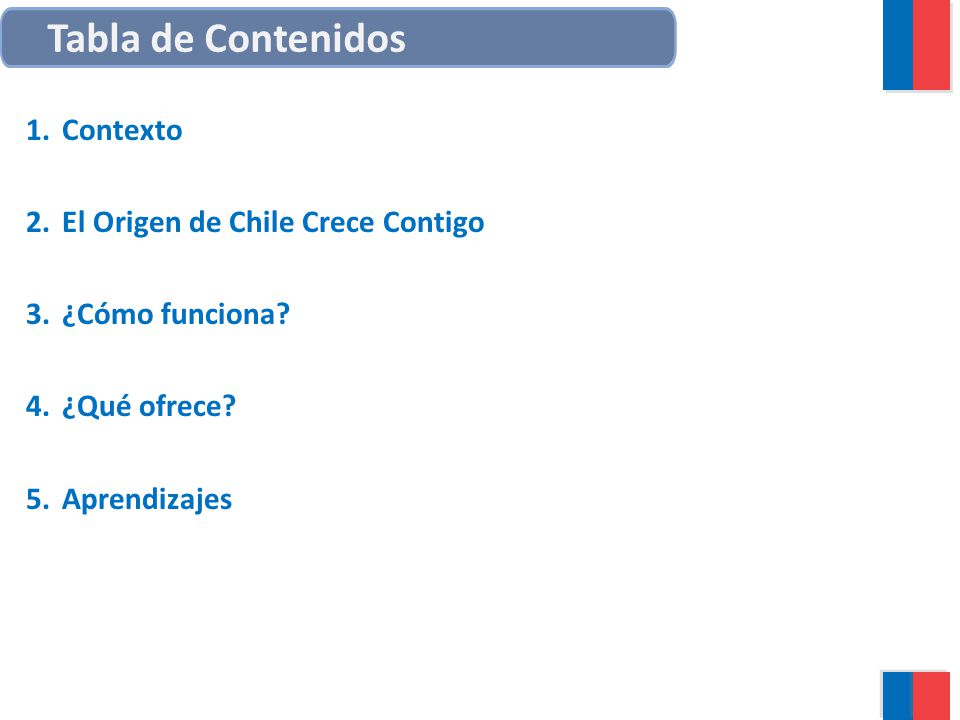 Tabla de Contenidos Contexto El Origen de Chile Crece Contigo