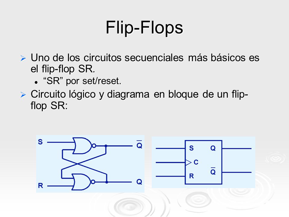 Flip-Flops Uno de los circuitos secuenciales más básicos es el flip-flop SR. SR por set/reset.