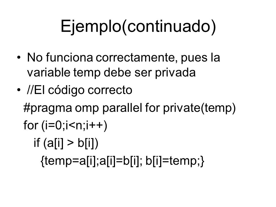 Ejemplo(continuado) No funciona correctamente, pues la variable temp debe ser privada. //El código correcto.