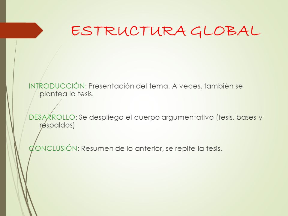 ESTRUCTURA GLOBAL INTRODUCCIÓN: Presentación del tema. A veces, también se plantea la tesis.