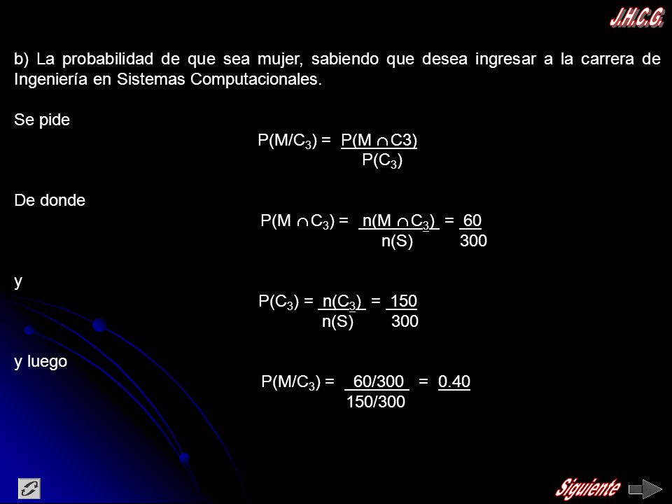 J.H.C.G. b) La probabilidad de que sea mujer, sabiendo que desea ingresar a la carrera de Ingeniería en Sistemas Computacionales.