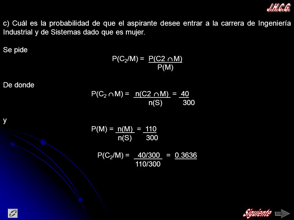 J.H.C.G. c) Cuál es la probabilidad de que el aspirante desee entrar a la carrera de Ingeniería Industrial y de Sistemas dado que es mujer.