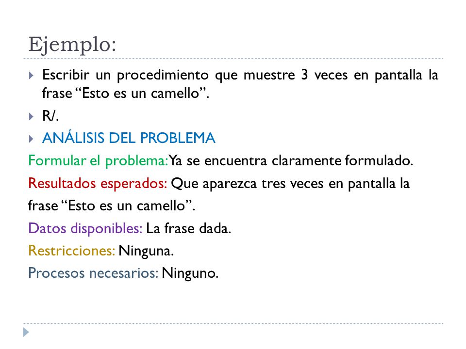 Ejemplo: Escribir un procedimiento que muestre 3 veces en pantalla la frase Esto es un camello . R/.
